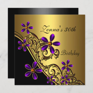 Invitation Elégant 30e anniversaire Black violet or Floral