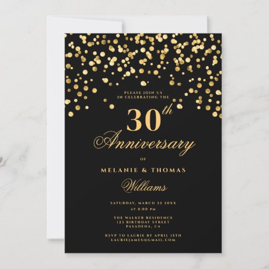 Invitation Élégant 30e anniversaire de Mariage noir et or (Devant)