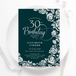Invitation Élégant 30e anniversaire Emerald Green Roses d'arg<br><div class="desc">Invitation à la fête du 30e anniversaire Emerald green silver. Design élégant avec rose, faux feuille d'argent et police de script de typographie. Carte invitation tendance parfaite pour une célébration anniversaire élégante. Peut être customisé à n'importe quel âge. Personnalisez avec vos propres détails. Invitations Zazzle imprimées ou téléchargement instantané modèle...</div>