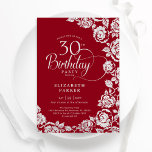 Invitation Élégant 30e anniversaire Roses d'argent rouge<br><div class="desc">Invitation à la fête du 30e anniversaire en argent rouge. Design élégant avec rose, faux feuille d'argent et police de script de typographie. Carte invitation tendance parfaite pour une célébration anniversaire élégante. Peut être customisé à n'importe quel âge. Personnalisez avec vos propres détails. Invitations Zazzle imprimées ou téléchargement instantané modèle...</div>