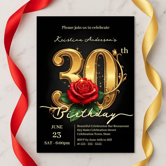 Invitation Élégant 30ème avec Fleur de Rose Rouge