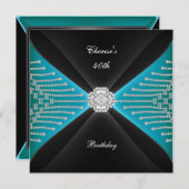 Invitation Elégant 40e anniversaire Black Turquoise Diamant b (Devant / Derrière)