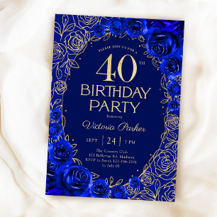 Invitation Élégant 40e Anniversaire Bleu Royal Or Floral