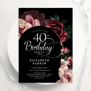 Invitation Élégant 40e Anniversaire Bourguignon Roses Peonies