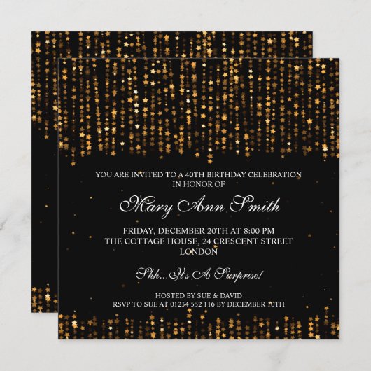 Invitation Élégant 40e anniversaire de fête Star Confetti Gol (Devant / Derrière)