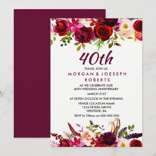 Invitation Élégant 40e anniversaire de Mariage de la Bourgogn (Devant / Derrière)