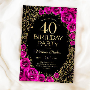 Invitation Elégant 40e anniversaire Fuchsia rose noir & or