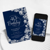 Invitation Elégant 40e anniversaire Marine Roses d'argent