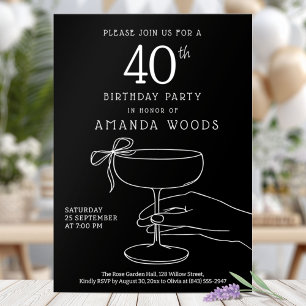 Invitation Élégant 40e anniversaire noir avec verre à champag