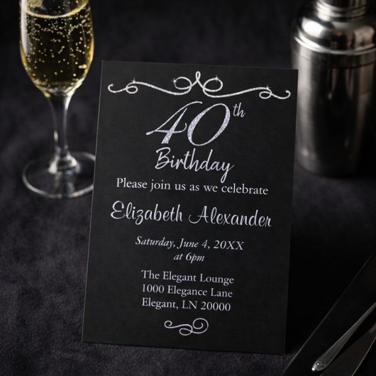 Invitation Elégant 40e anniversaire noir et argent