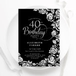 Invitation Élégant 40e anniversaire Noir Roses d'argent<br><div class="desc">Invitation à la fête de 40e anniversaire en argent noir. Design élégant avec rose, faux feuille d'argent et police de script de typographie. Carte invitation tendance parfaite pour une célébration anniversaire élégante. Peut être customisé à n'importe quel âge. Personnalisez avec vos propres détails. Invitations Zazzle imprimées ou téléchargement instantané modèle...</div>