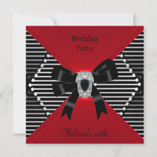 Invitation Elégant 40e Anniversaire Rayure Rouge Noir Argent