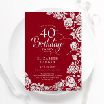 Invitation Élégant 40e anniversaire Roses d'argent rouge<br><div class="desc">Invitation de fête de 40e anniversaire en argent rouge. Design élégant avec rose, faux feuille d'argent et police de script de typographie. Carte invitation tendance parfaite pour une célébration anniversaire élégante. Peut être customisé à n'importe quel âge. Personnalisez avec vos propres détails. Invitations Zazzle imprimées ou téléchargement instantané modèle imprimable...</div>