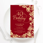 Invitation Élégant 40e anniversaire Roses d'or rouge<br><div class="desc">Invitation à la fête de 40e anniversaire de l'or rouge floral. Design élégant avec des roses, fausse feuille d'or et police de script de typographie. Carte invitation tendance parfaite pour une célébration anniversaire élégante. Peut être customisé à n'importe quel âge. Personnalisez avec vos propres détails. Invitations Zazzle imprimées ou téléchargement...</div>
