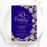 Invitation Élégant 40e anniversaire Roses d'or violet<br><div class="desc">Invitation à la fête de 40e anniversaire de floraison d'or violet. Design élégant avec des roses, fausse feuille d'or et police de script de typographie. Carte invitation tendance parfaite pour une célébration anniversaire élégante. Peut être customisé à n'importe quel âge. Personnalisez avec vos propres détails. Invitations Zazzle imprimées ou téléchargement...</div>