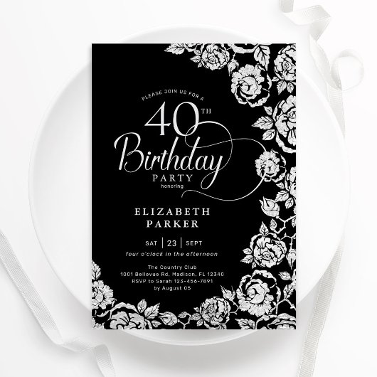 Invitation Élégant 40e Anniversaire Roses Noir Argent