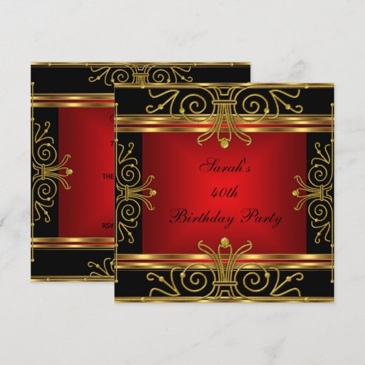 Invitation Elégant 40e anniversaire Rouge Black Gold Art Déco (Devant / Derrière)