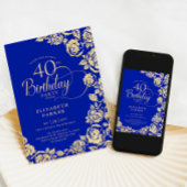 Invitation Élégant 40e anniversaire Royal Blue Gold Roses