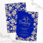 Invitation Élégant 40e anniversaire Royal Blue Gold Roses