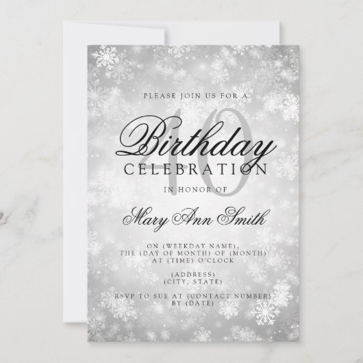 Invitation Elégant 40e anniversaire Silver Winter Wonderland (Devant)