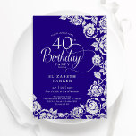 Invitation Élégant 40e anniversaire violet Roses d'argent<br><div class="desc">Invitation à la fête de 40e anniversaire de floraison d'argent violet. Design élégant avec rose, faux feuille d'argent et police de script de typographie. Carte invitation tendance parfaite pour une célébration anniversaire élégante. Peut être customisé à n'importe quel âge. Personnalisez avec vos propres détails. Invitations Zazzle imprimées ou téléchargement instantané...</div>