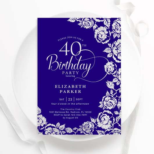 Invitation Élégant 40e anniversaire violet Roses d'argent