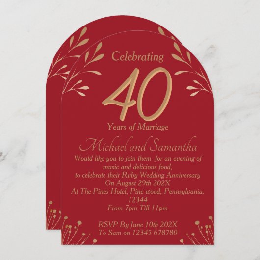 Invitation Elegant 40th Ruby Wedding Party (Devant / Derrière)