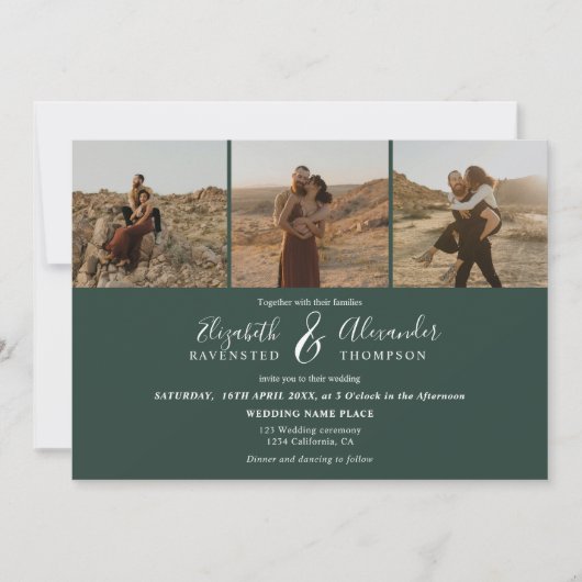 Invitation Elégant 4 Photos moderne script mariage vert (Devant)