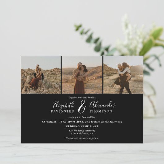 Invitation Elégant 4 Photos script moderne mariage blanc noir (Debout devant)