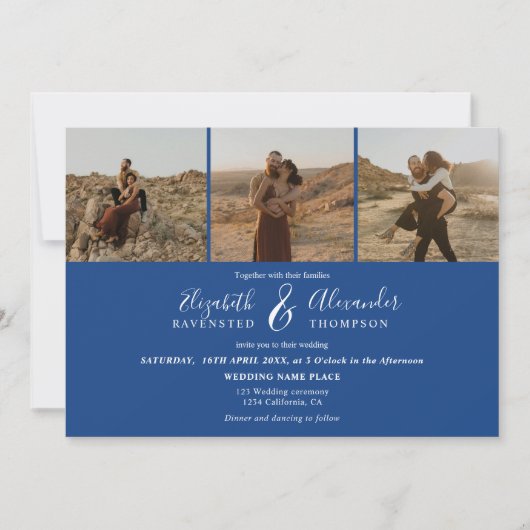 Invitation Elégant 4 Photos script moderne mariage bleu blanc (Devant)