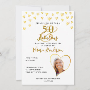 Invitation Elégant 50 et Fabuleux Anniversaire Blanc et Or