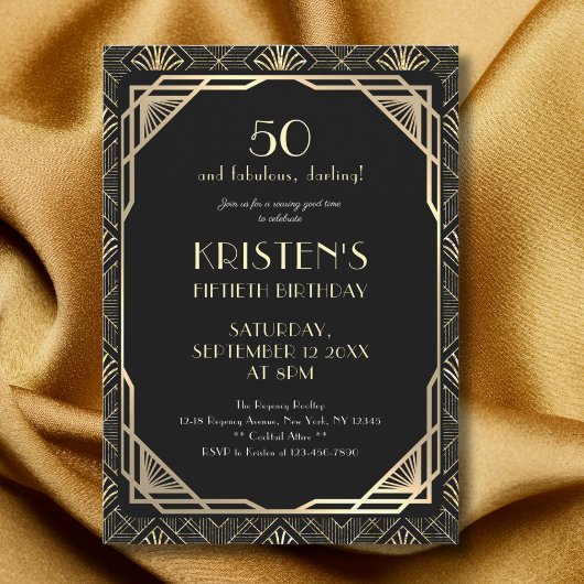 Invitation Elégant 50 et Fabulous Black and Gold Birthday