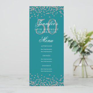 Invitation Elégant 50 Menu Anniversaire Silver Turquoise Conf