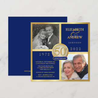 Invitation Élégant 50e Anniversaire Alors Maintenant Bleu Mar