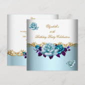 Invitation Élégant 50e anniversaire de fête Gold Blue Roses (Devant / Derrière)