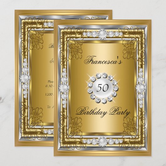 Invitation Élégant 50e anniversaire de fête Gold Diamants d'a (Devant / Derrière)