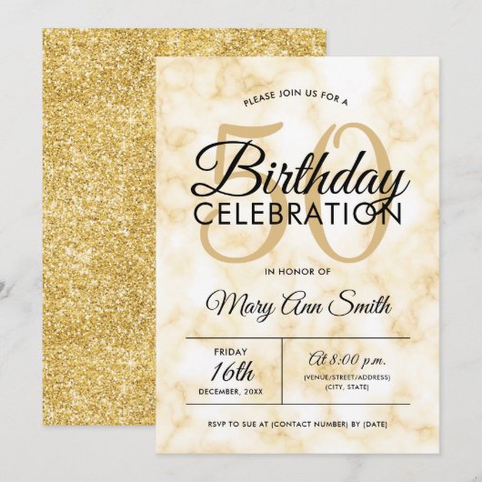 Invitation Elégant 50e anniversaire de Marbre Or Glam (Devant / Derrière)
