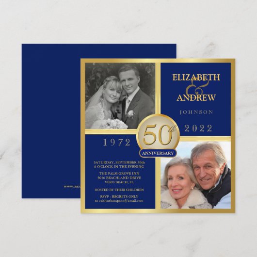 Invitation Élégant 50e Anniversaire de Mariage Bleu Marine  (Devant / Derrière)