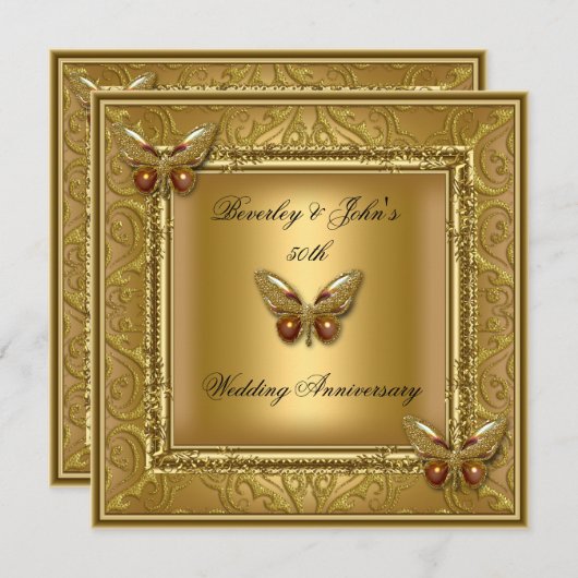 Invitation Élégant 50e Anniversaire de Mariage Doré Damassé (Devant / Derrière)