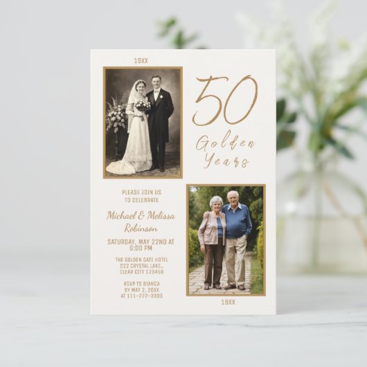 Invitation Élégant 50e anniversaire de Mariage en ivoire et o (Debout devant)