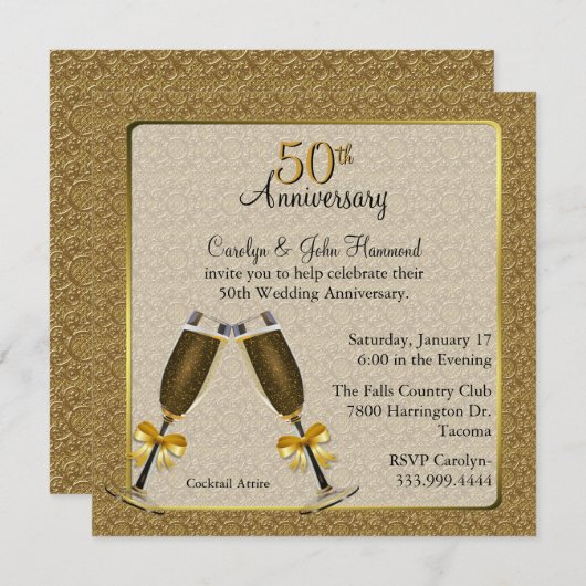 Invitation Élégant 50e anniversaire de Mariage Gold (Devant / Derrière)