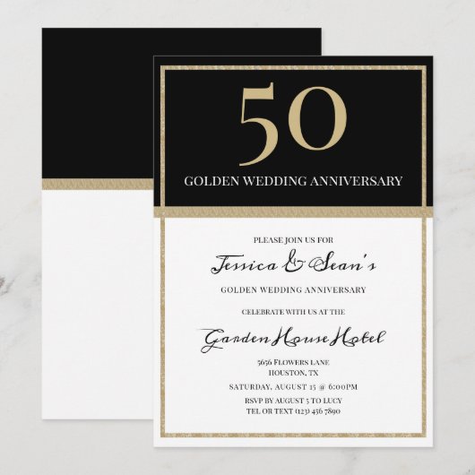 Invitation Élégant 50e anniversaire de Mariage Gold & Black (Devant / Derrière)