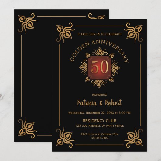 Invitation Élégant  50e anniversaire de mariage noir et or (Devant / Derrière)