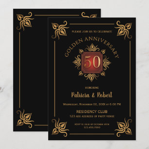 Invitation Élégant 50e anniversaire de mariage noir et or