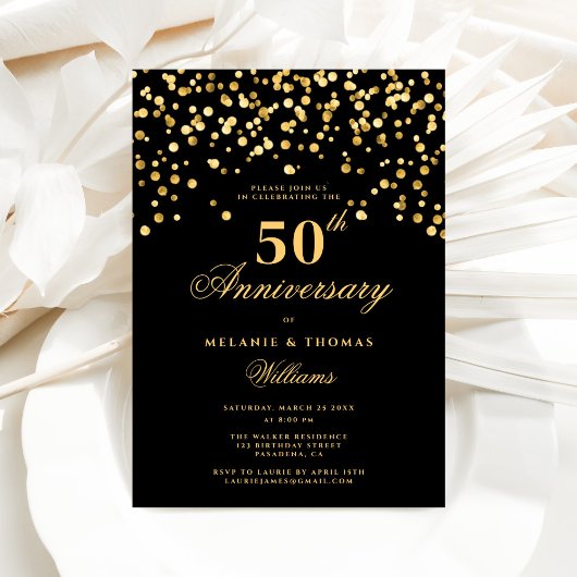 Invitation Élégant 50e anniversaire de Mariage noir et or