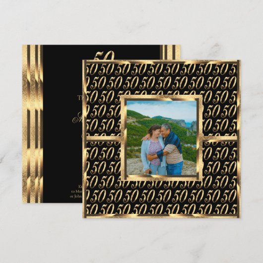 Invitation Élégant 50e anniversaire de mariage noir et or (Devant / Derrière)