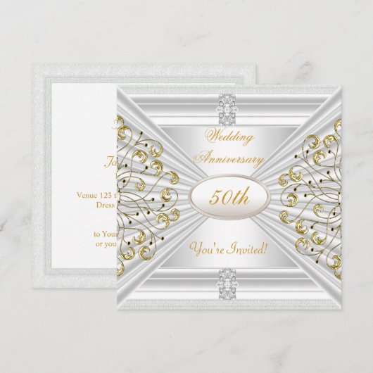 Invitation Élégant 50e anniversaire de mariage or blanc (Devant / Derrière)