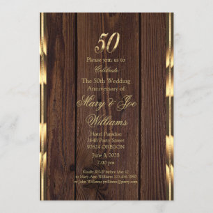 Invitation Élégant 50e anniversaire de mariage or bois rustiq