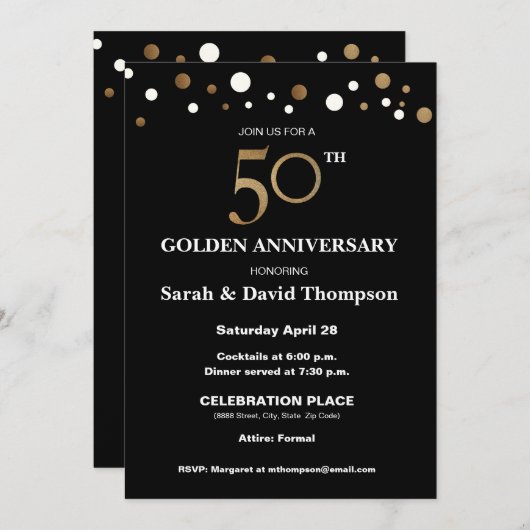 Invitation Élégant 50e anniversaire de mariage or et noir (Devant / Derrière)