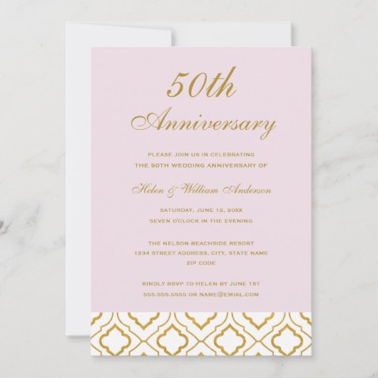 Invitation Élégant 50e anniversaire de mariage or et rose (Devant)